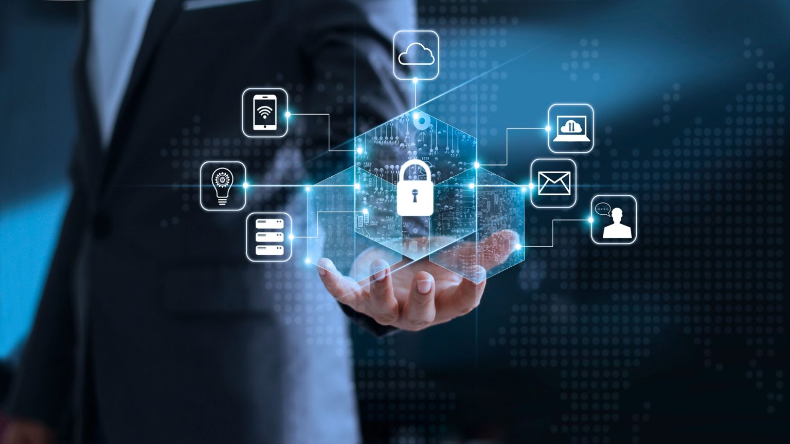 Data protection privacy concept. GDPR. EU. Cyber security network. Business man protecting his data personal information. Padlock icon and internet technology networking connection on virtual interface blue background.