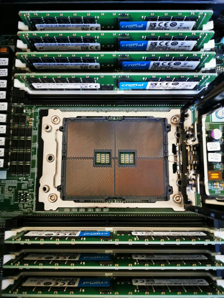High-resolution image showing a close-up view of a computer server's processor and RAM assembly.